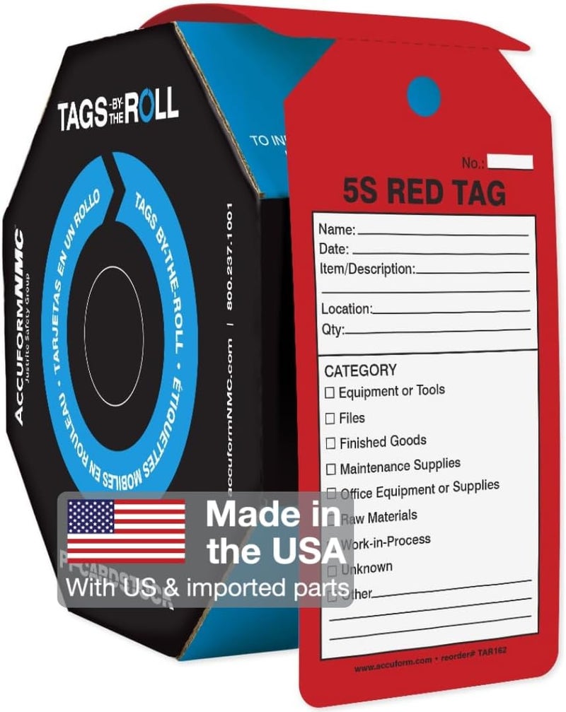 NMC AccuformNMC 100 Tags by-The-Roll, 5S Red Tag, OSHA Compliant Tags, Waterproof PF-Cardstock, Resists Tears, 6.25"x3", TAR162, American Made Safety Tags, Signs, and Labels - Image 1
